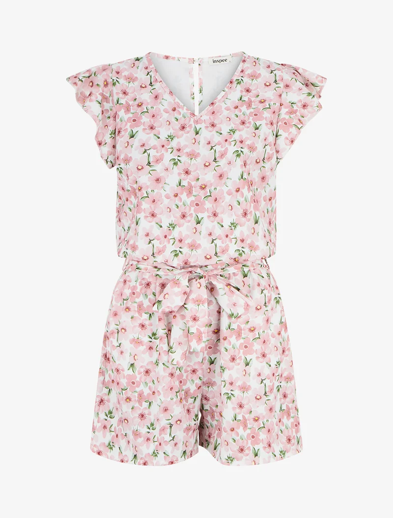 Geblümter Jumpsuit mit kurzen, gerüschten Ärmeln - Rose