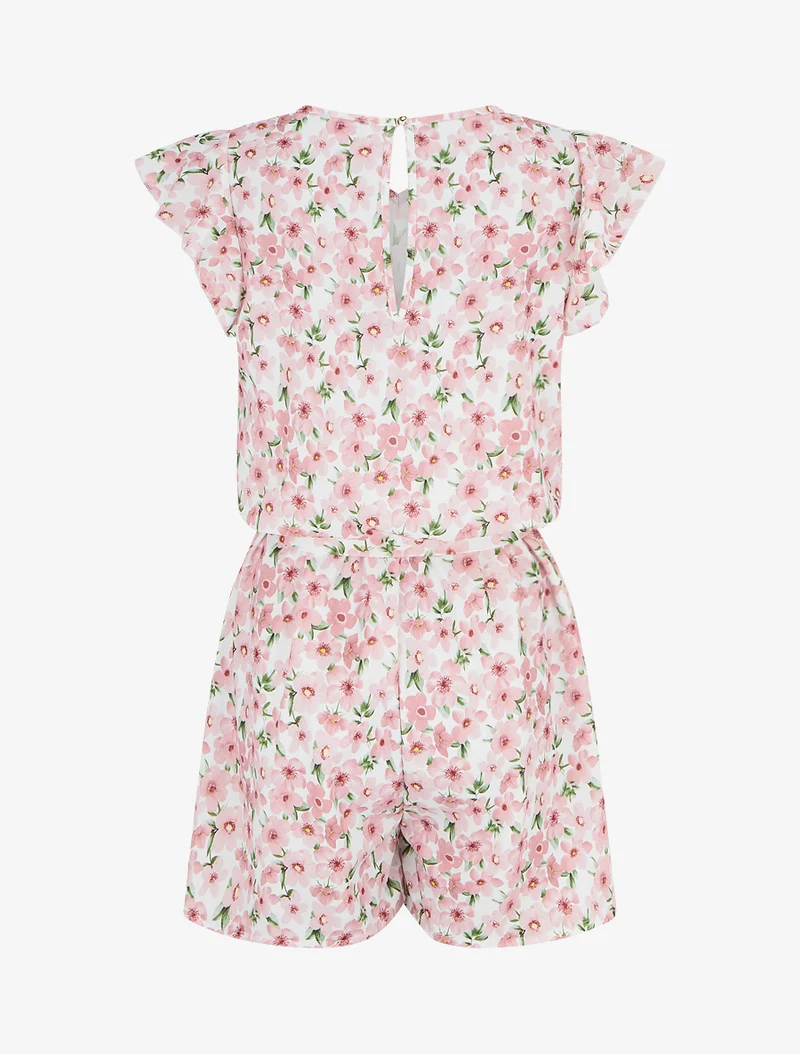 Geblümter Jumpsuit mit kurzen, gerüschten Ärmeln - Rose