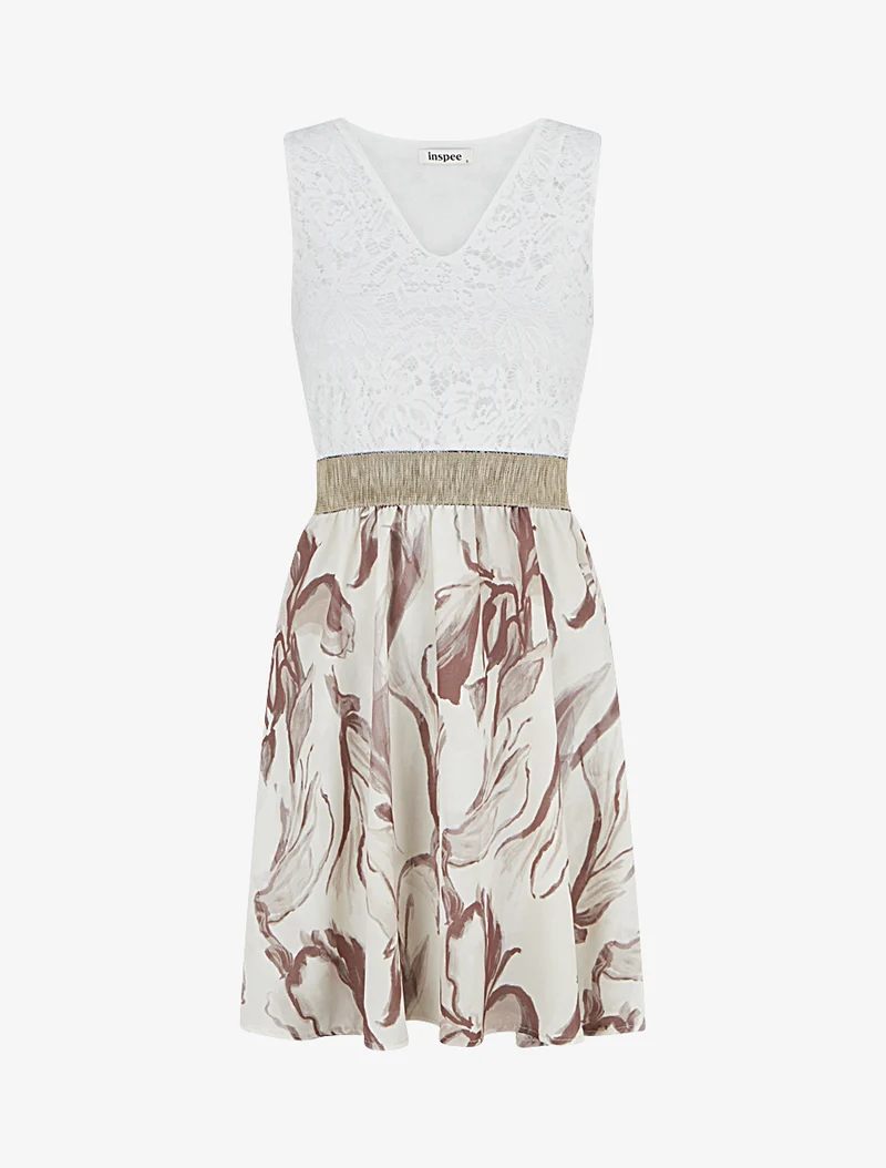 Midikleid mit Spitze und Fantasiemuster - Beige