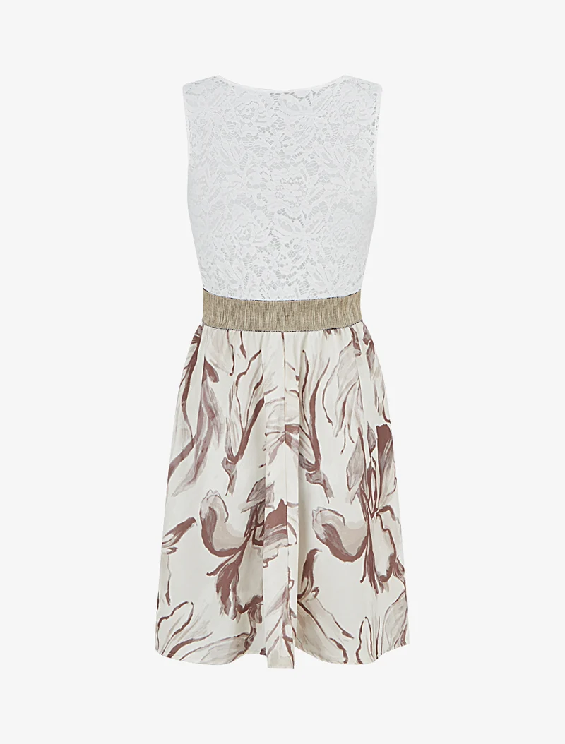Midikleid mit Spitze und Fantasiemuster - Beige
