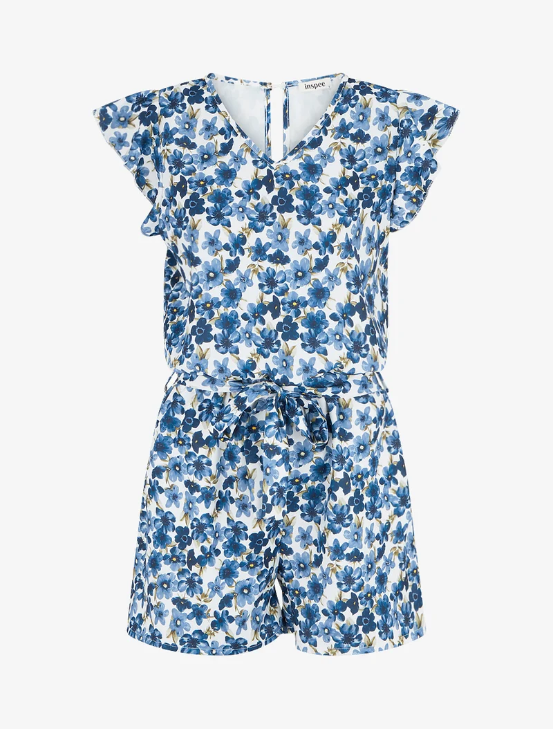 Geblümter Jumpsuit mit kurzen, gerüschten Ärmeln - Marine