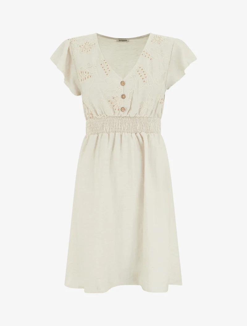 Elastisches, knielanges Kleid mit besticktem Brustteil - Beige