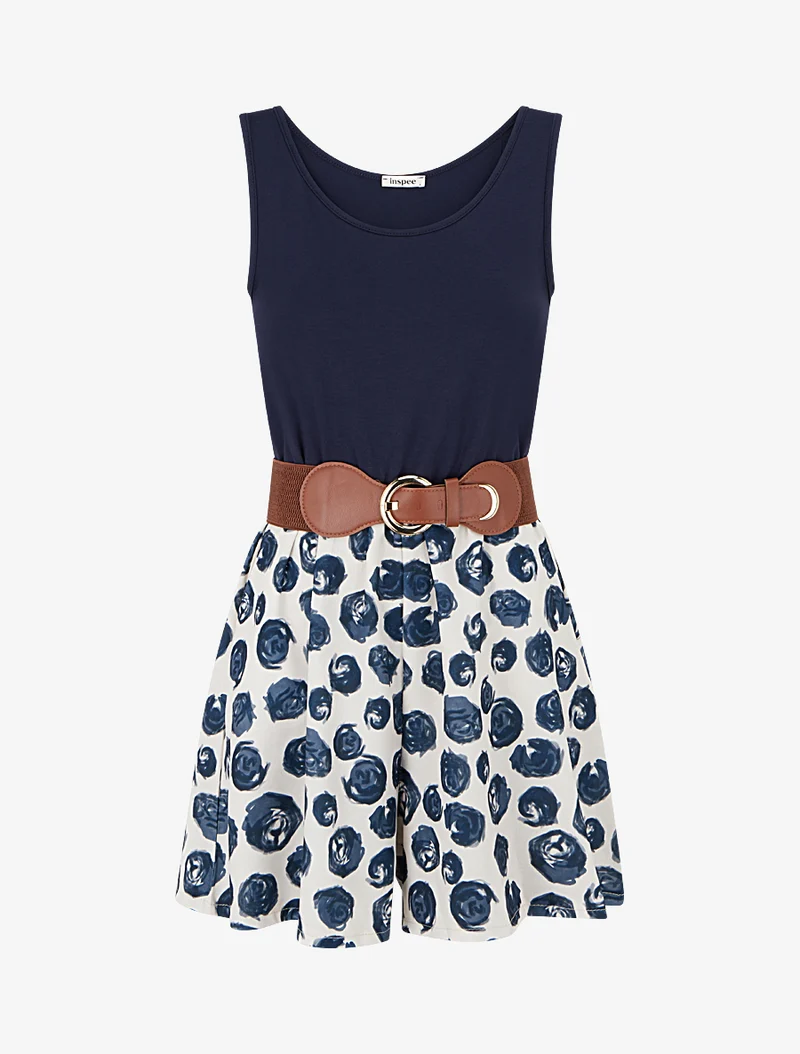 Gürtelter Jumpsuit mit Rosenmuster - Marine