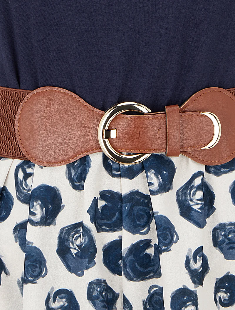 Gürtelter Jumpsuit mit Rosenmuster - Marine
