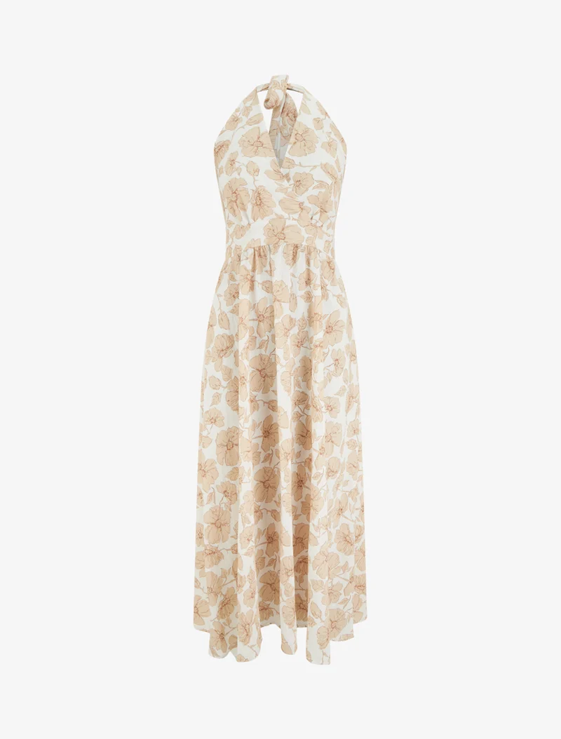 Rückenfreies, langes Kleid mit Blumenmuster - Beige