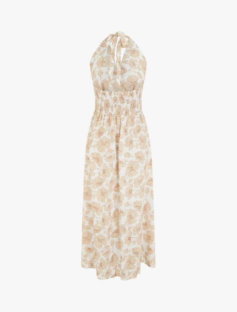 Rückenfreies, langes Kleid mit Blumenmuster - Beige