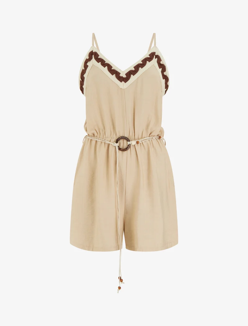 Ärmelloser Jumpsuit mit schmalen Trägern und fantasievollem Kragen - Beige
