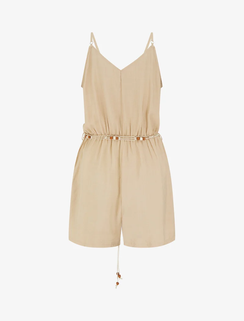 Ärmelloser Jumpsuit mit schmalen Trägern und fantasievollem Kragen - Beige