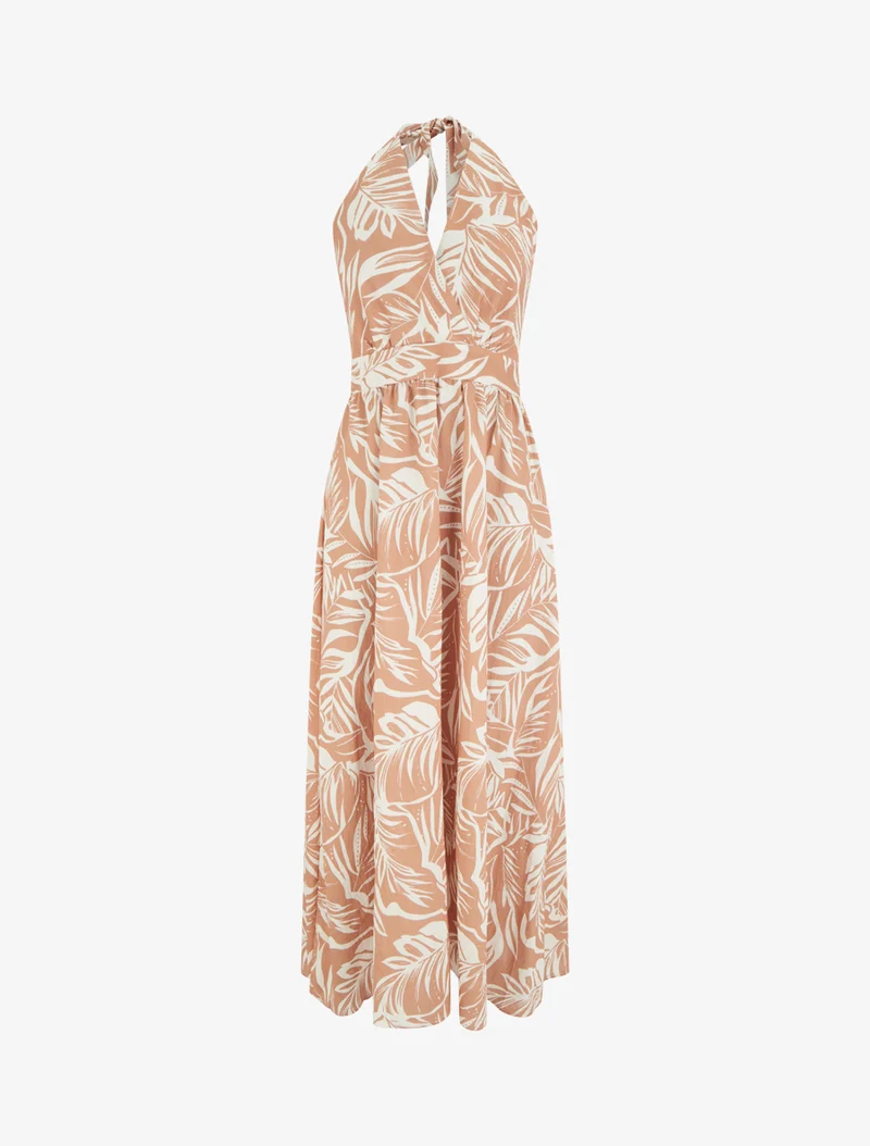 Rückenfreies langes Kleid mit Blattdruck - Terrakotta