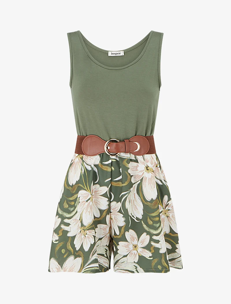 Gürtelter Overall mit Blumenmuster - Kaki