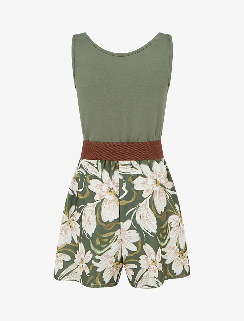 Gürtelter Overall mit Blumenmuster - Kaki