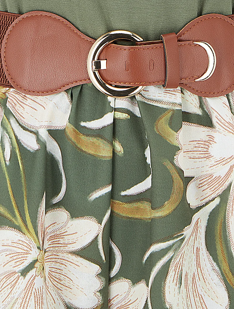 Gürtelter Overall mit Blumenmuster - Kaki