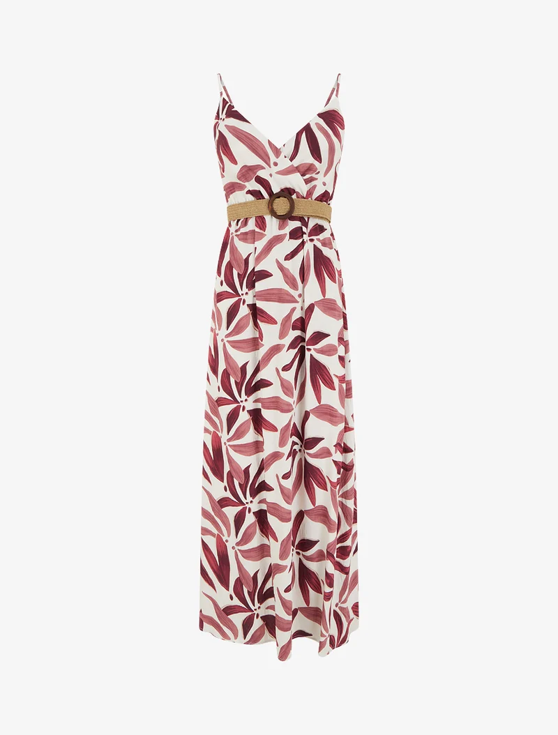 Langes, ausgestelltes Kleid mit Pflanzenmuster - Altrosa