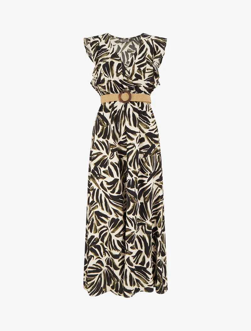 Langes Kleid mit Fantasiemuster und Wickelausschnitt - Kaki