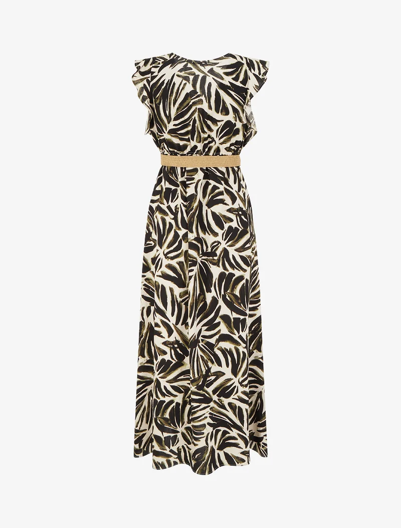 Langes Kleid mit Fantasiemuster und Wickelausschnitt - Kaki