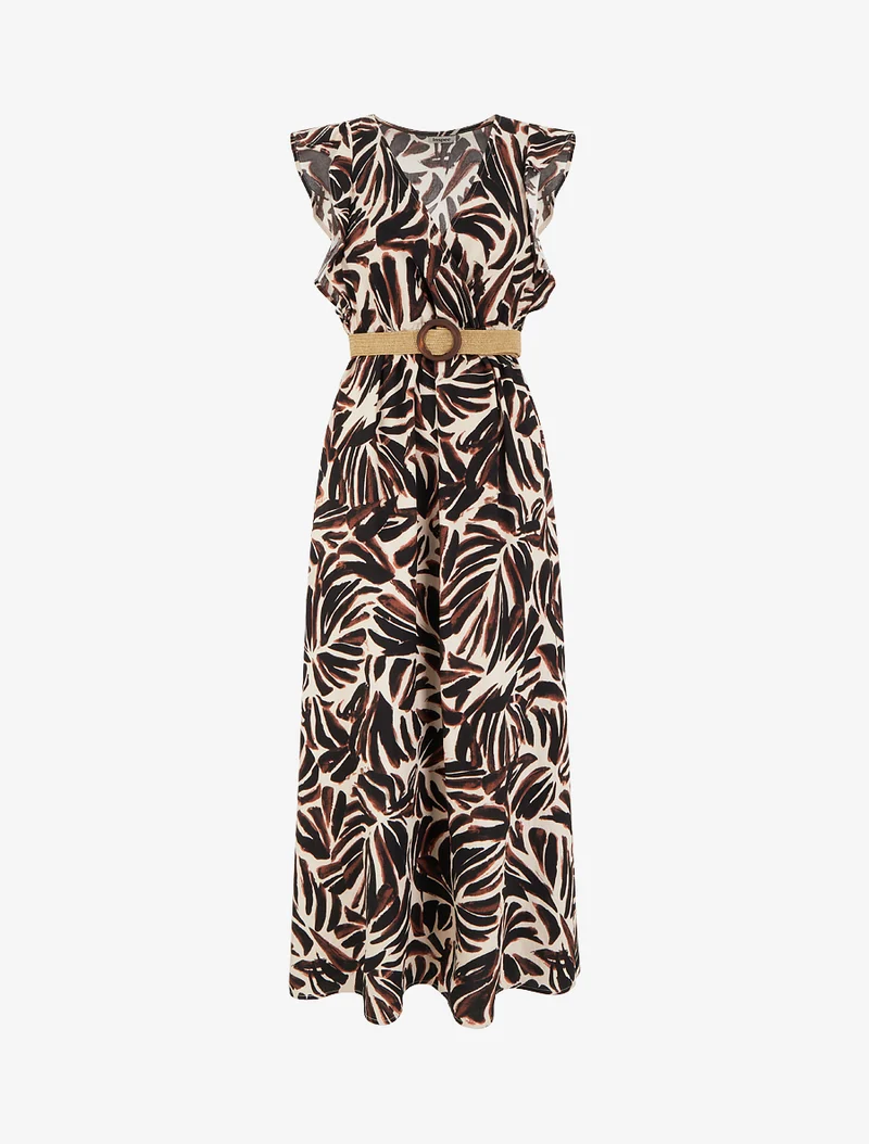 Langes Kleid mit Fantasiemuster und Wickelausschnitt - Braun