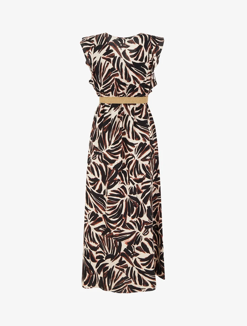 Langes Kleid mit Fantasiemuster und Wickelausschnitt - Braun
