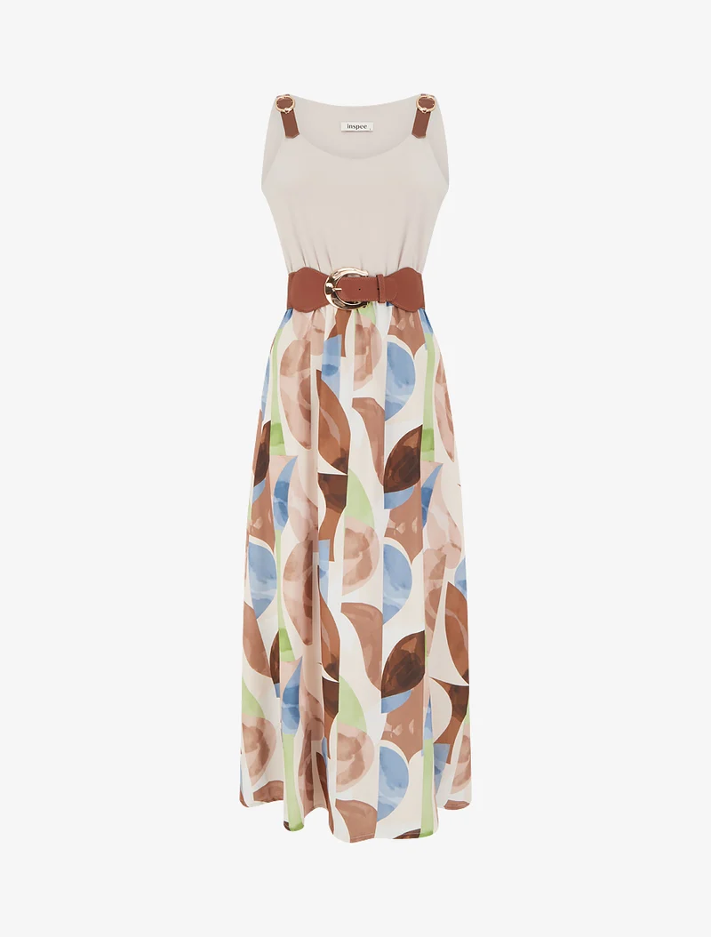 Trägerkleid mit Fantasiemuster aus Kunstleder - Beige