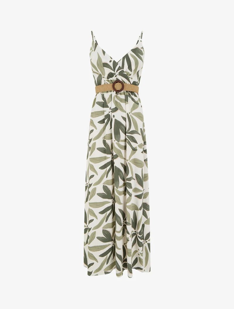 Langes, ausgestelltes Kleid mit Pflanzenmuster - Kaki