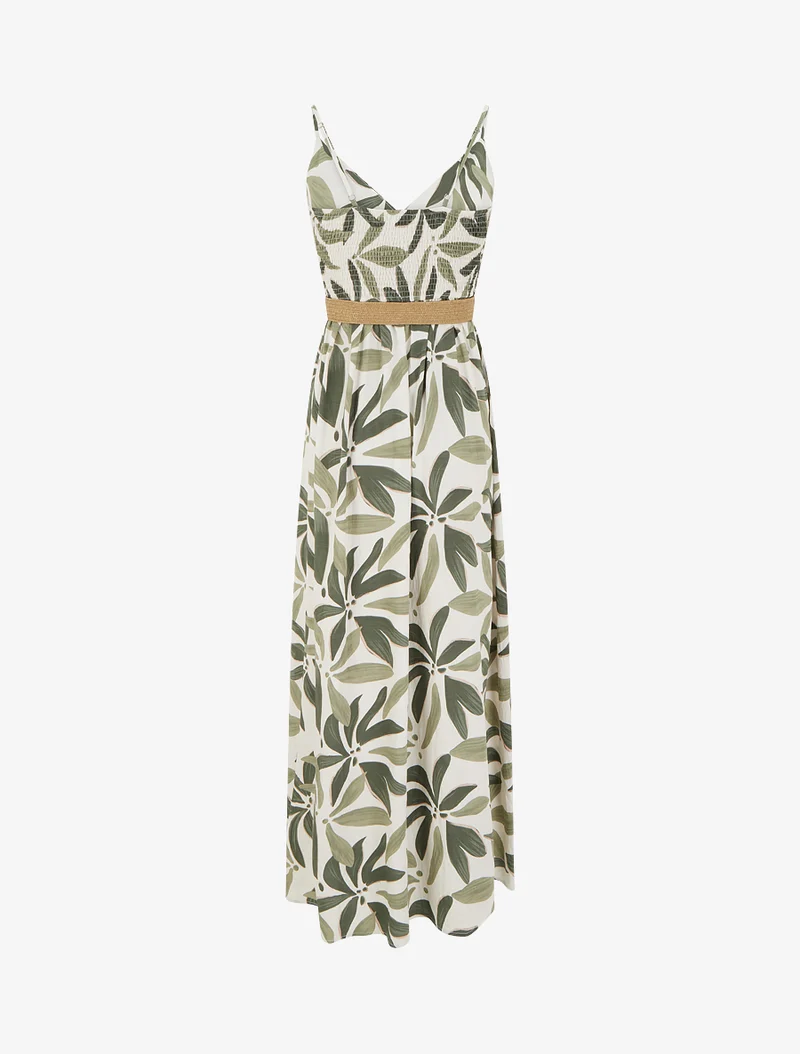 Langes, ausgestelltes Kleid mit Pflanzenmuster - Kaki