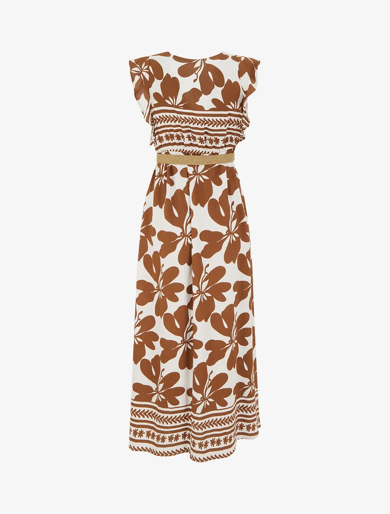 Langes Kleid mit großem Blumenmuster und Wickelkragen - Braun