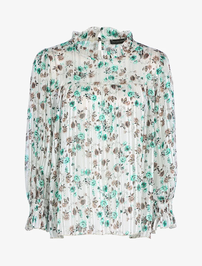 Geblümte Bluse mit Rüschenausschnitt - Beige