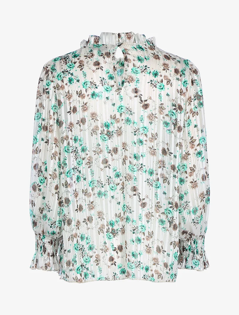 Geblümte Bluse mit Rüschenausschnitt - Beige