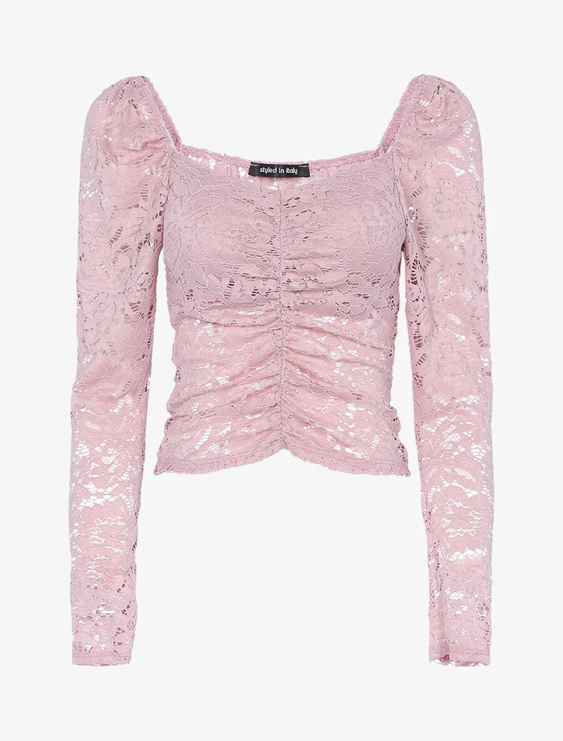 Spitzen-Crop-Top mit Muschelsaum - Rose