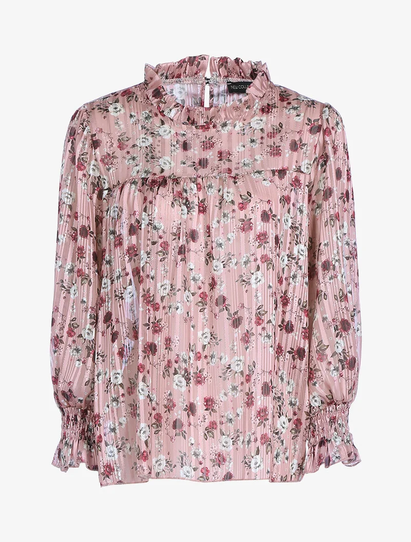 Geblümte Bluse mit Rüschenausschnitt - Rose