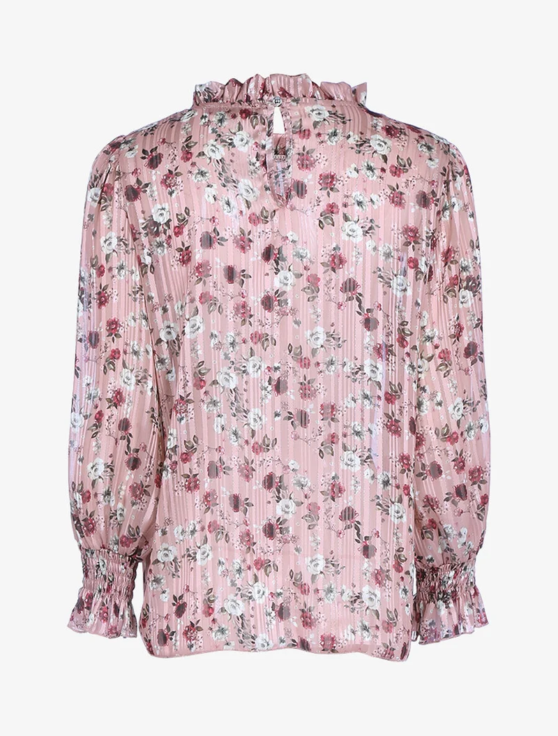 Geblümte Bluse mit Rüschenausschnitt - Rose