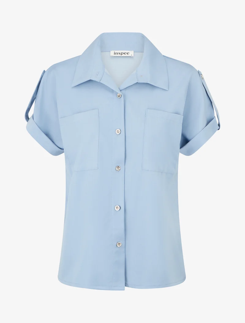 Einfarbiges Hemd mit Taschen - Himmelblau