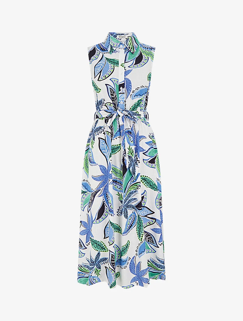 Langes Hemdblusenkleid mit Blattdruck - Blau