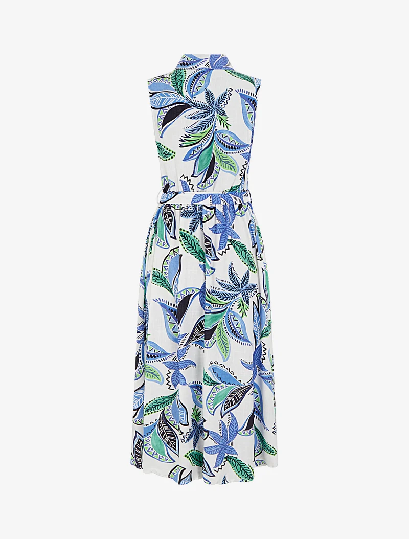 Langes Hemdblusenkleid mit Blattdruck - Blau