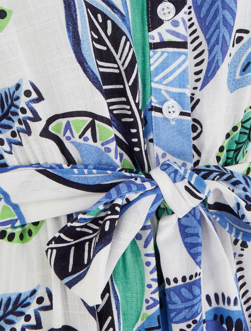 Langes Hemdblusenkleid mit Blattdruck - Blau