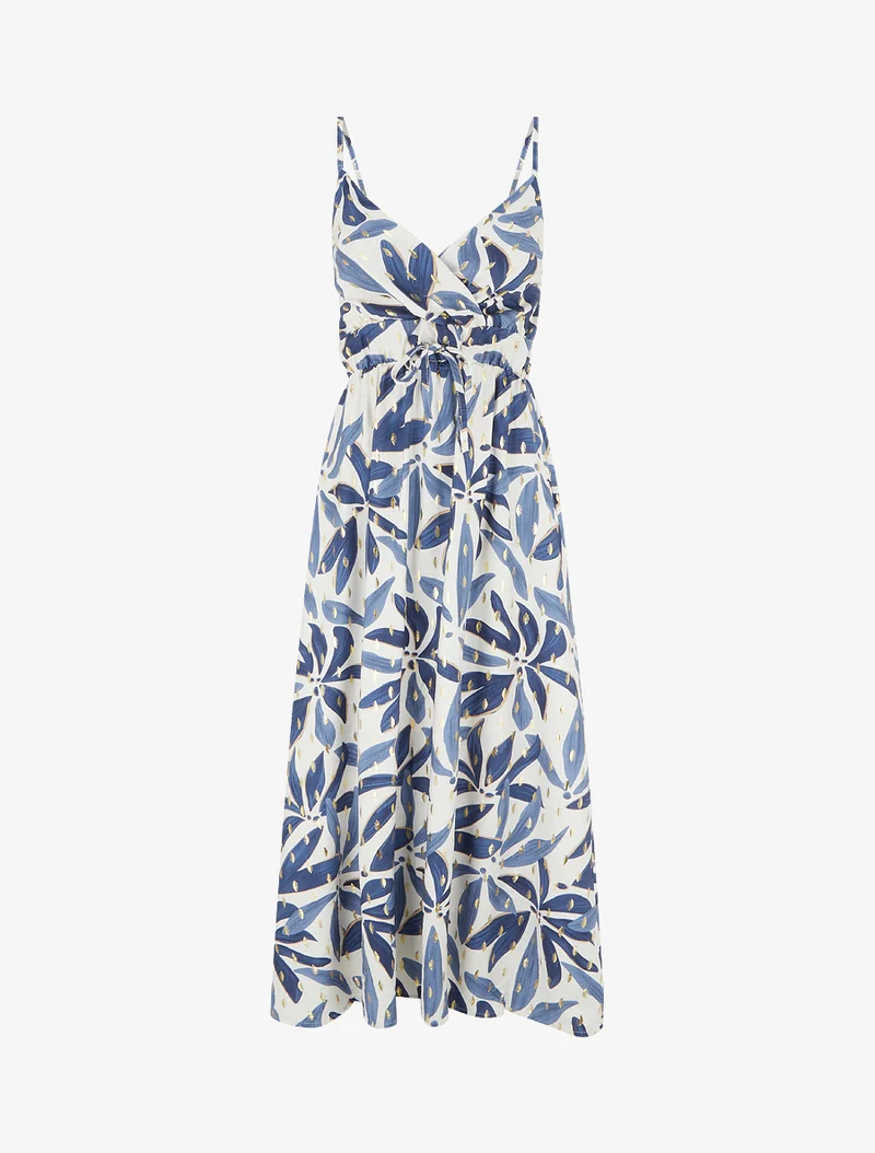 Langes Kleid mit stilisiertem Print und schimmernden Details - Blau