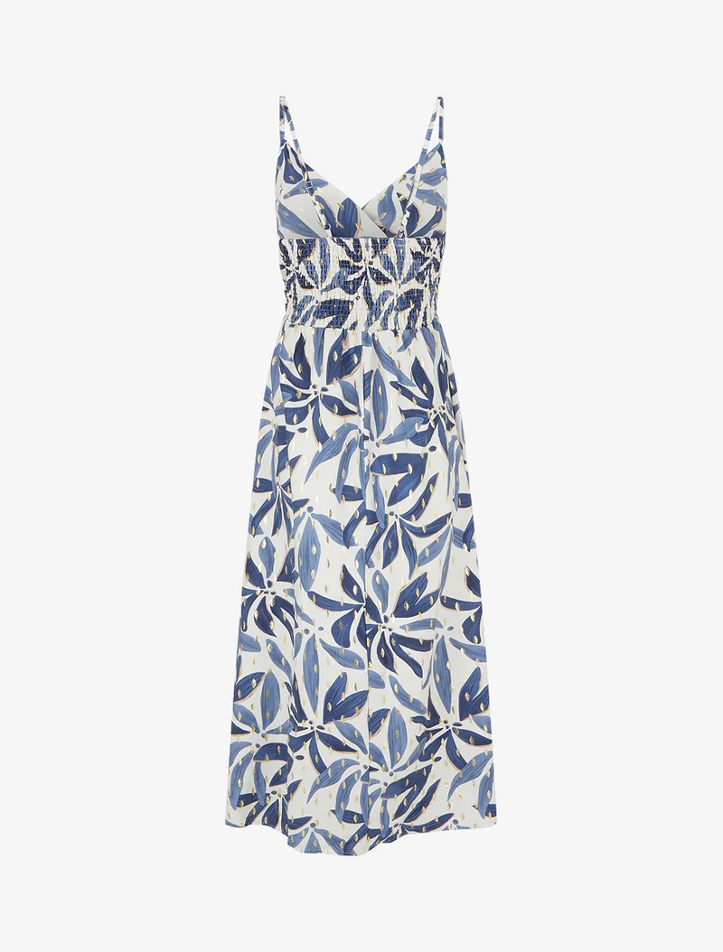 Langes Kleid mit stilisiertem Print und schimmernden Details - Blau