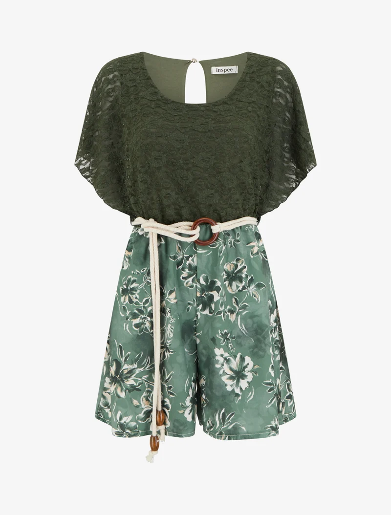 Gespielter Blumen-Jumpsuit mit Spitzeneinsatz am Oberteil - Kaki