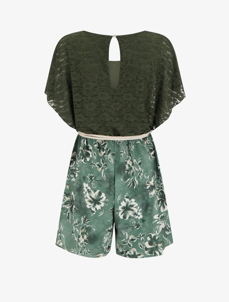 Gespielter Blumen-Jumpsuit mit Spitzeneinsatz am Oberteil - Kaki
