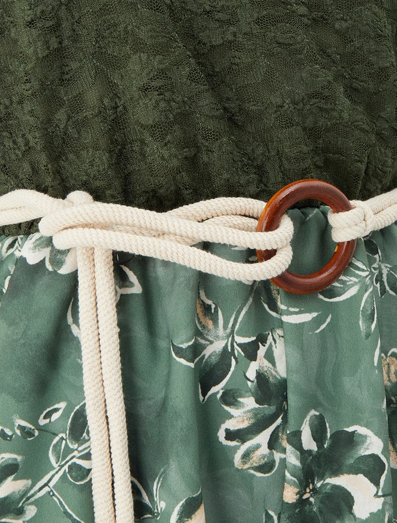 Gespielter Blumen-Jumpsuit mit Spitzeneinsatz am Oberteil - Kaki