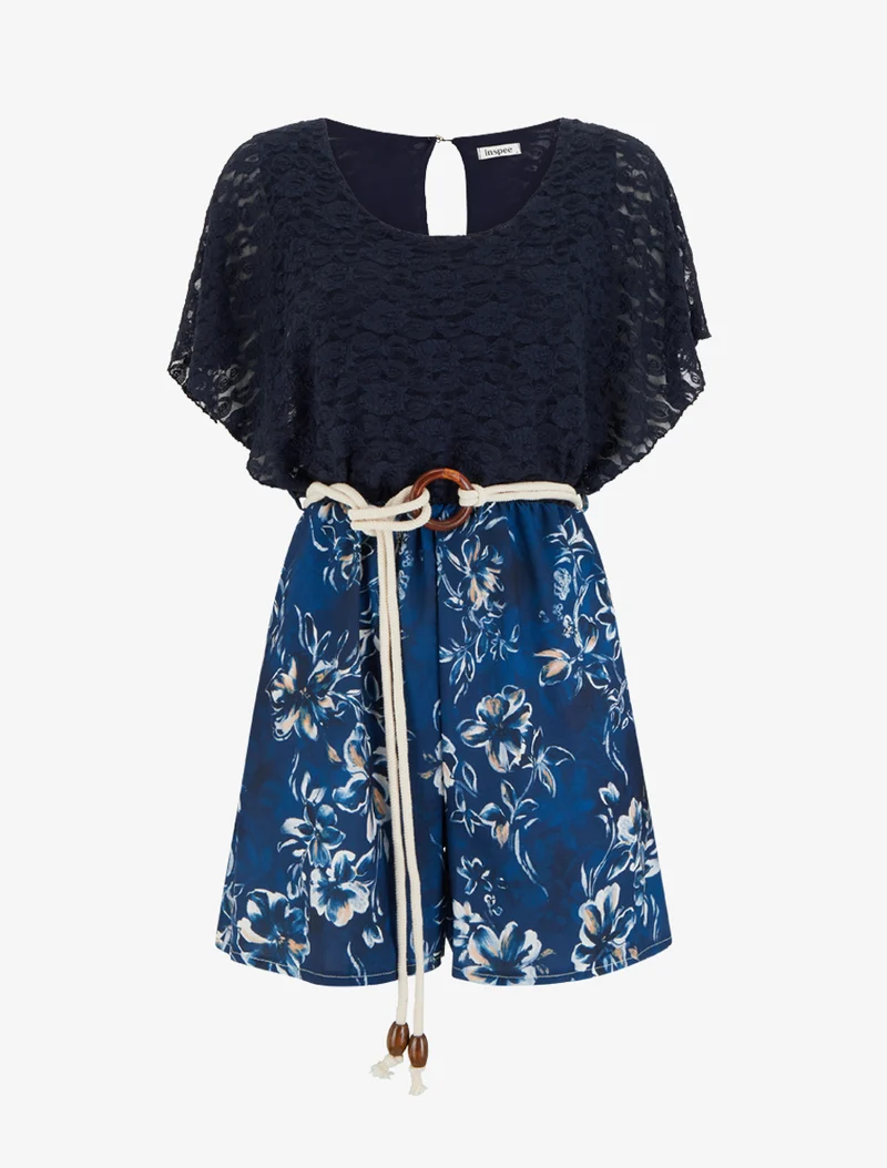 Gespielter Blumen-Jumpsuit mit Spitzeneinsatz am Oberteil - Marine