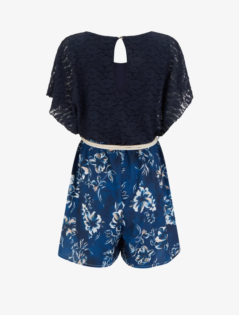 Gespielter Blumen-Jumpsuit mit Spitzeneinsatz am Oberteil - Marine