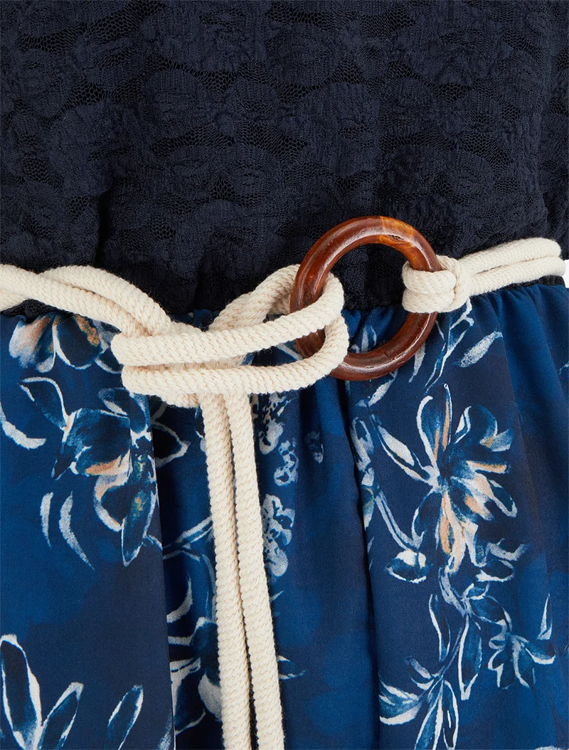 Gespielter Blumen-Jumpsuit mit Spitzeneinsatz am Oberteil - Marine