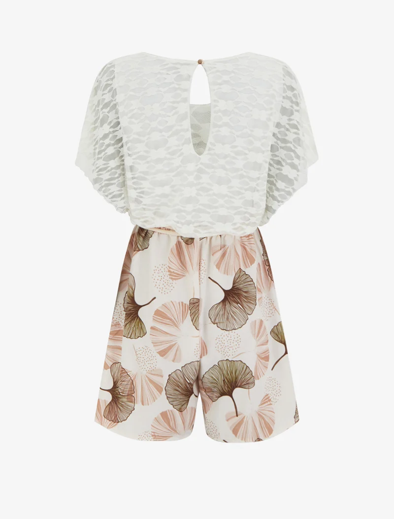 Ginko-bedruckter Overall mit Spitze am Oberteil - Kamel