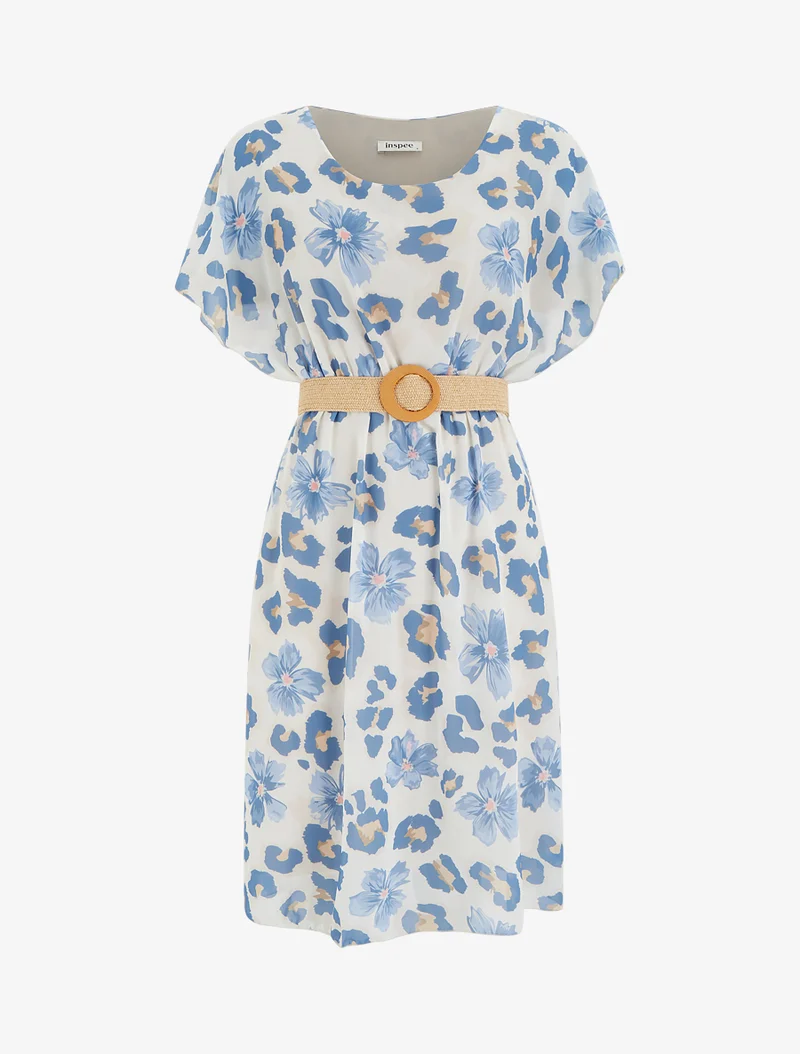 Midikleid mit Blumenmuster und kurzen Ärmeln - Blau