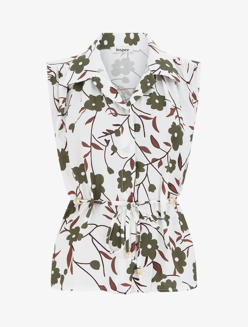Ärmelloses Top mit Blumenmuster - Kaki