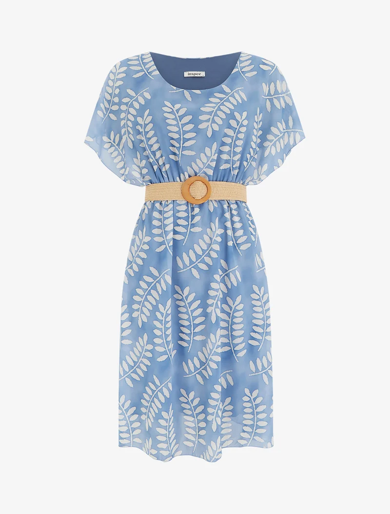 Midikleid mit Blätterdruck und kurzen Ärmeln - Himmelblau