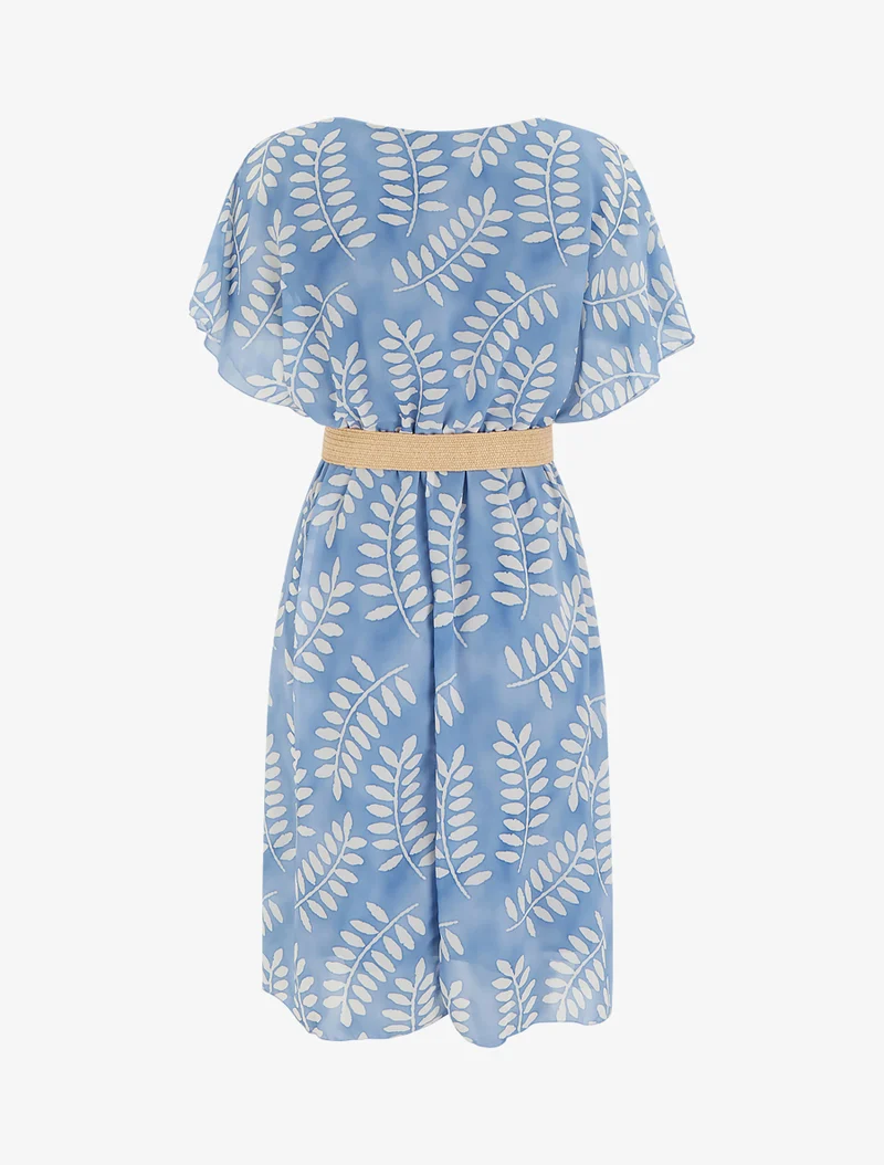 Midikleid mit Blätterdruck und kurzen Ärmeln - Himmelblau