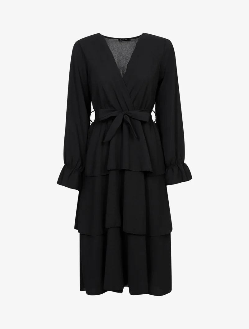 Knielanges Rüschenkleid - Schwarz