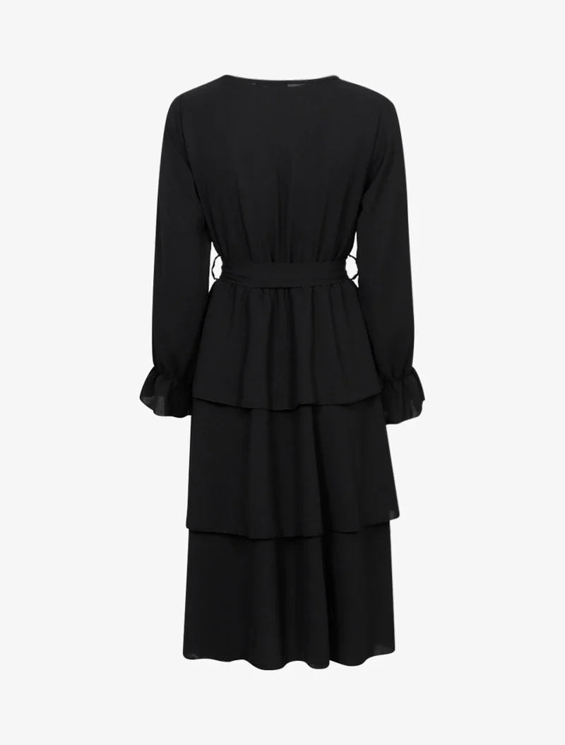 Knielanges Rüschenkleid - Schwarz