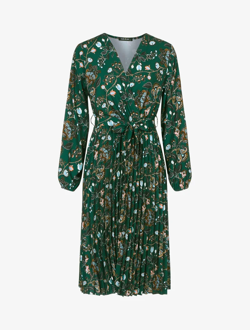 Kleid mit herbstlichem barockem Blumenprint - Dunkelgrün